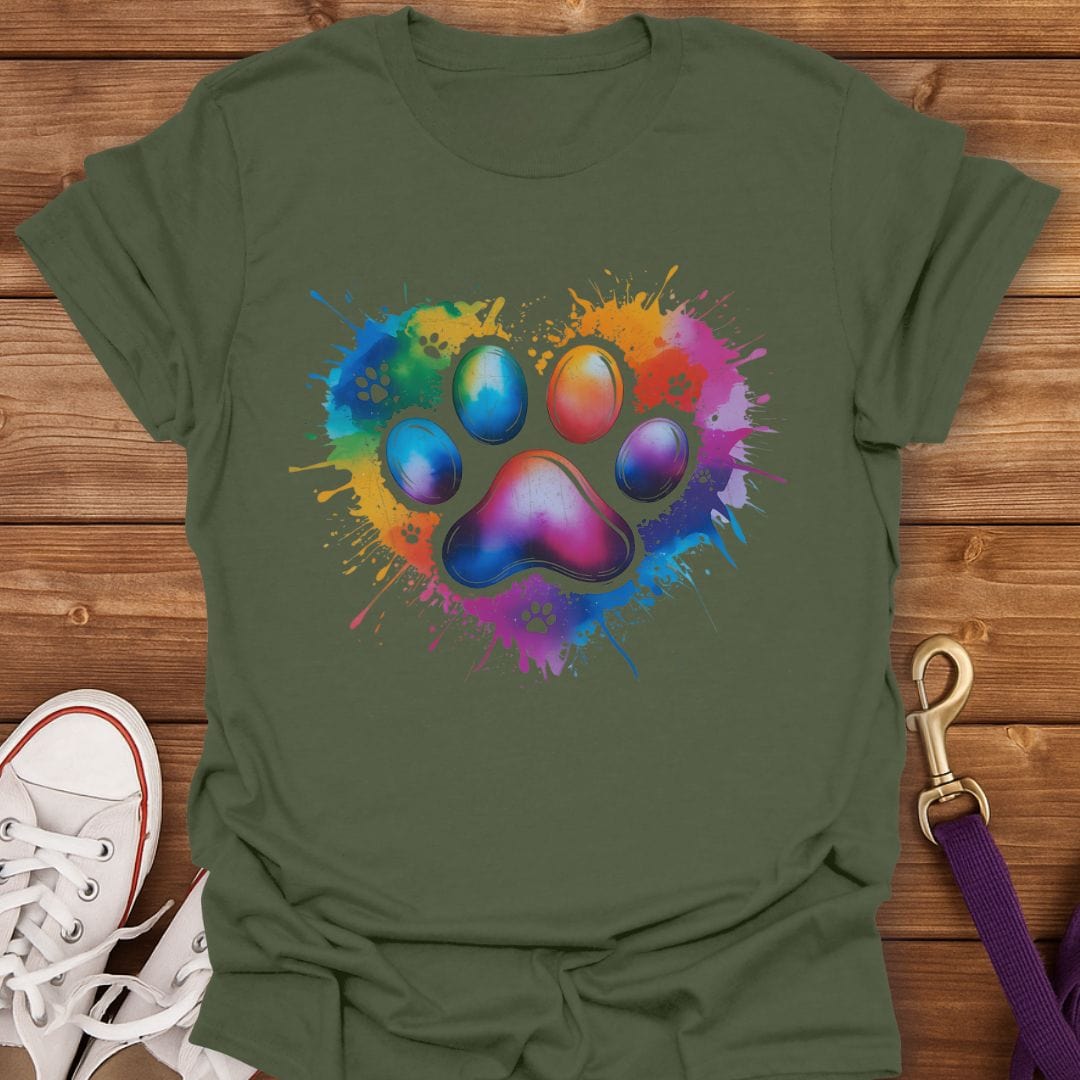 Color Splash Paw Print T-Shirt Military Green / S