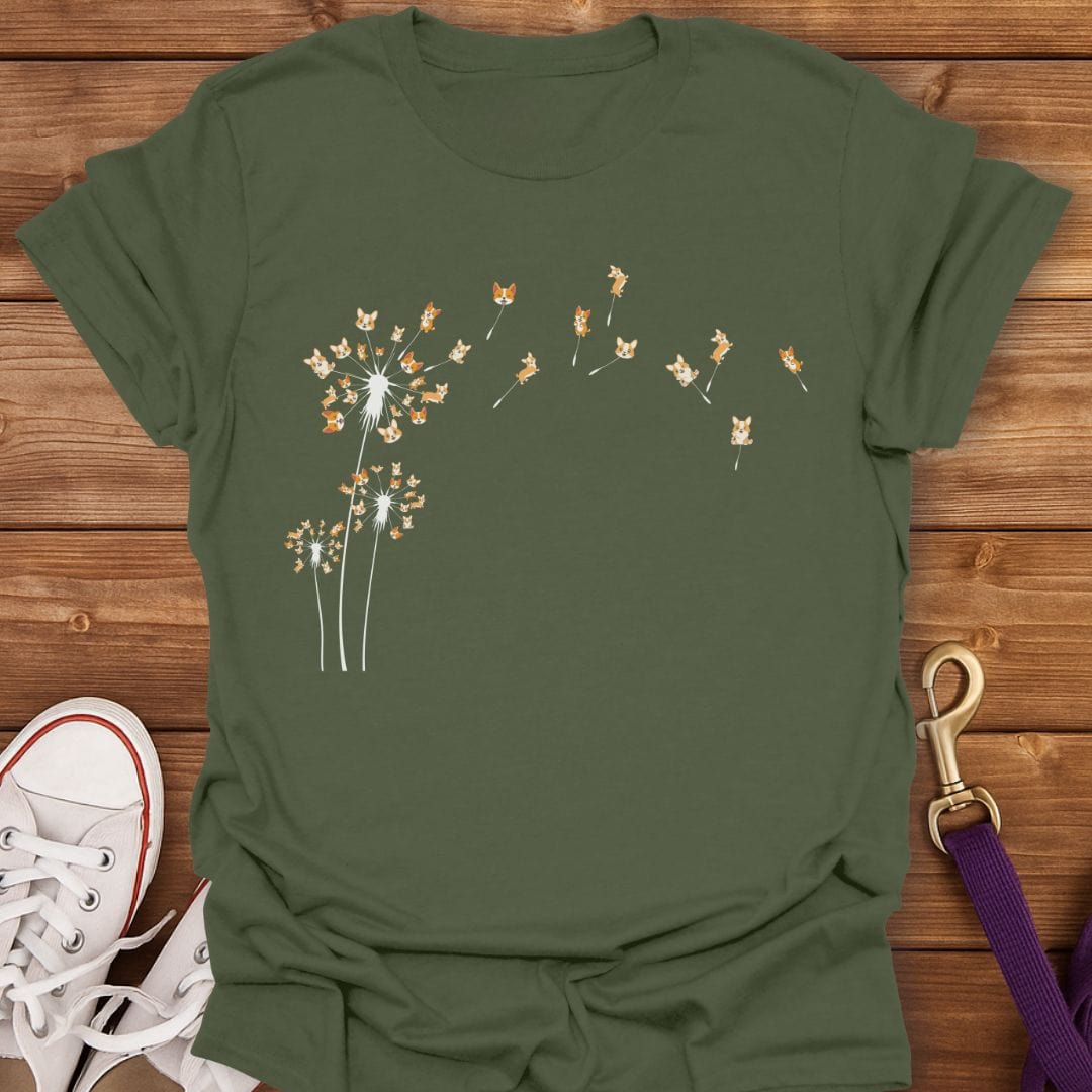 Corgi Dandelion Wishes T-Shirt Military Green / S