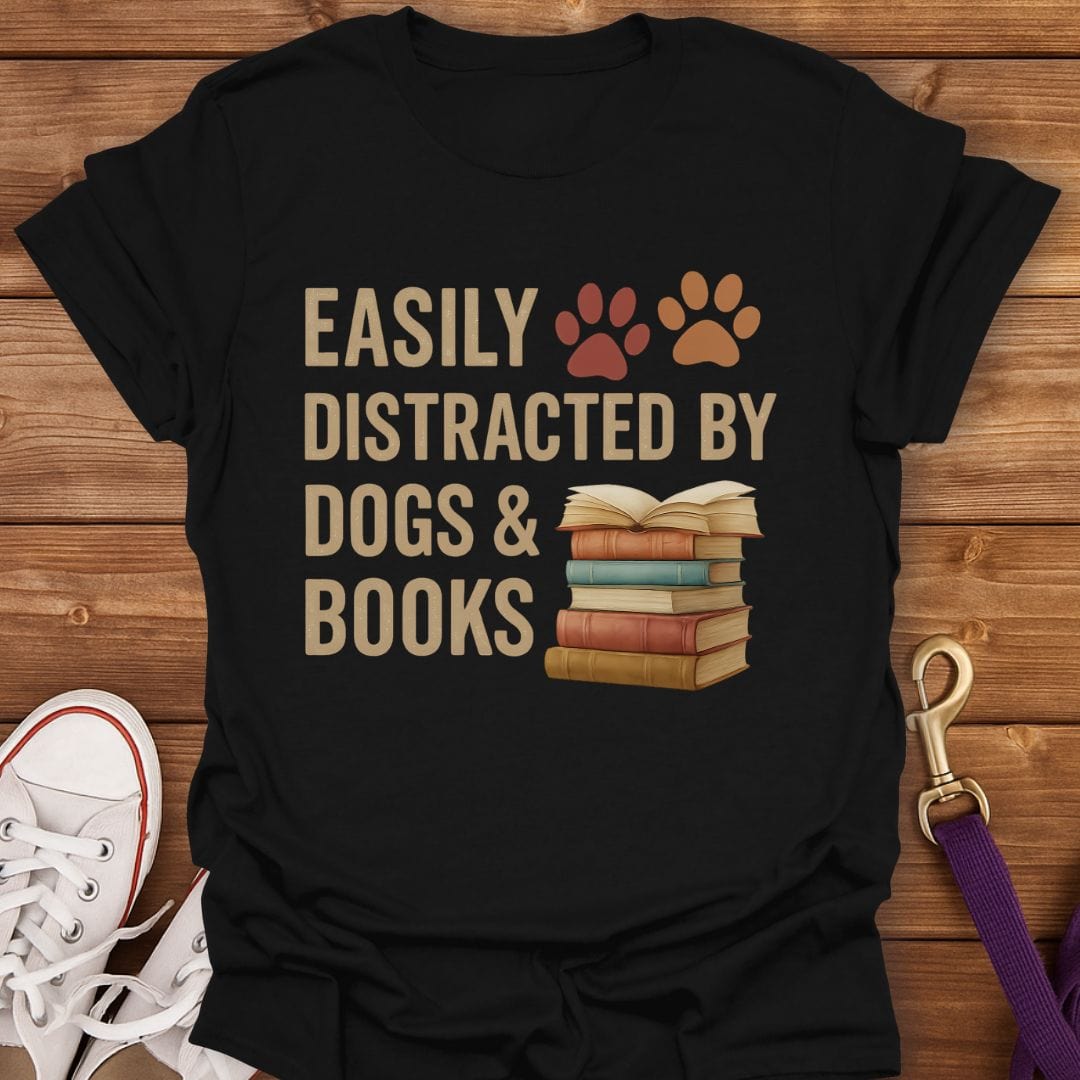 Easily Distracted by Dogs and Books T-Shirt Black / S