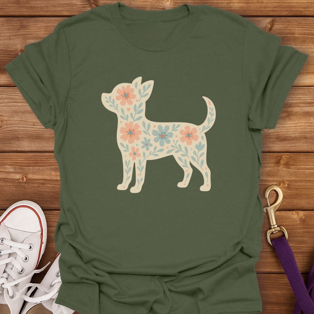 Floral Chihuahua Silhouette T-Shirt Military Green / S