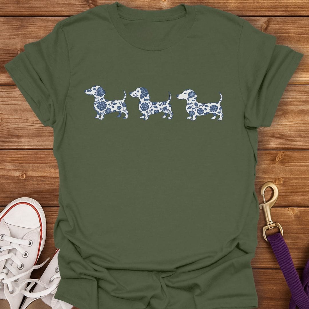Floral Trio Dachshund T-Shirt Military Green / S
