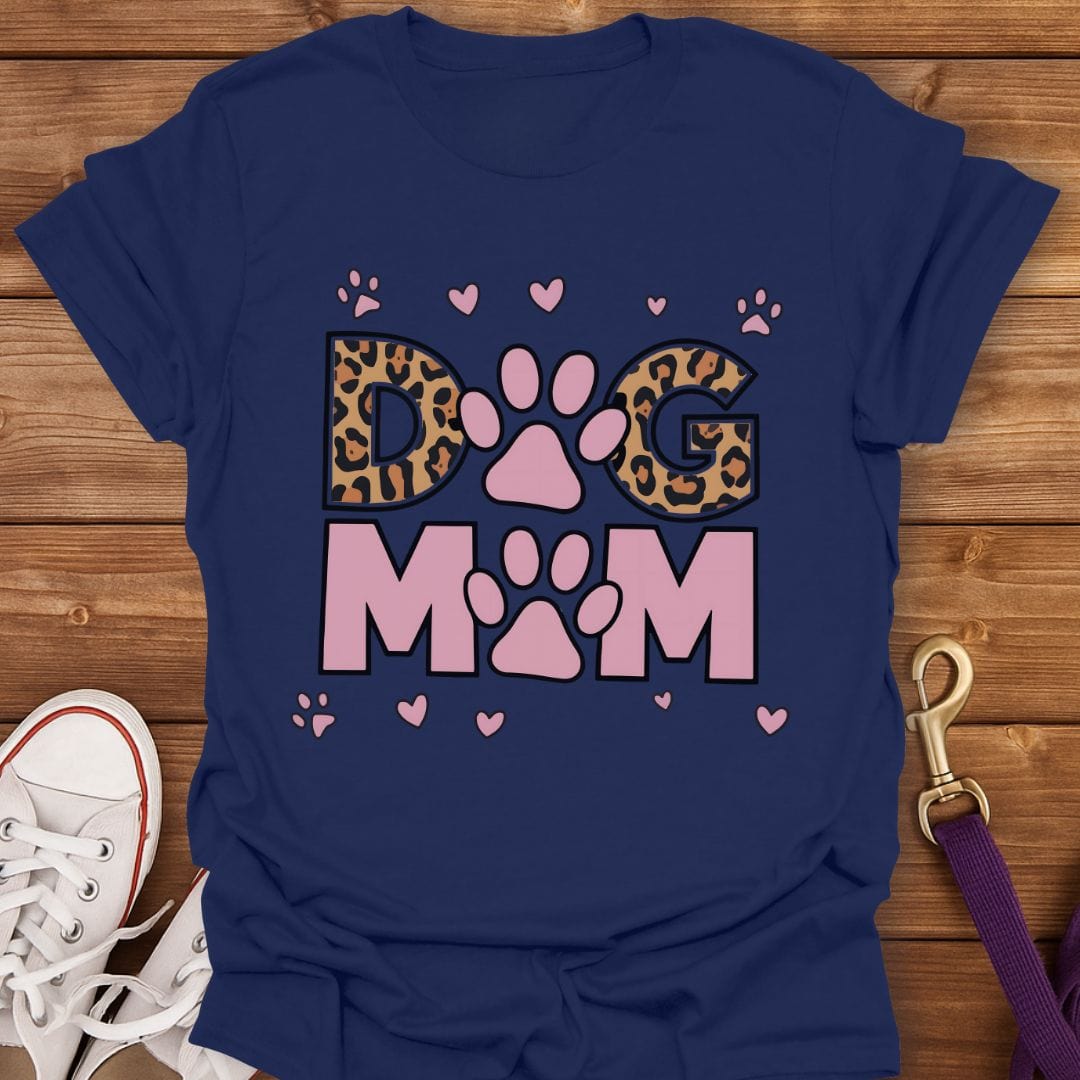 Leopard Print Dog Mom T-Shirt Navy / S