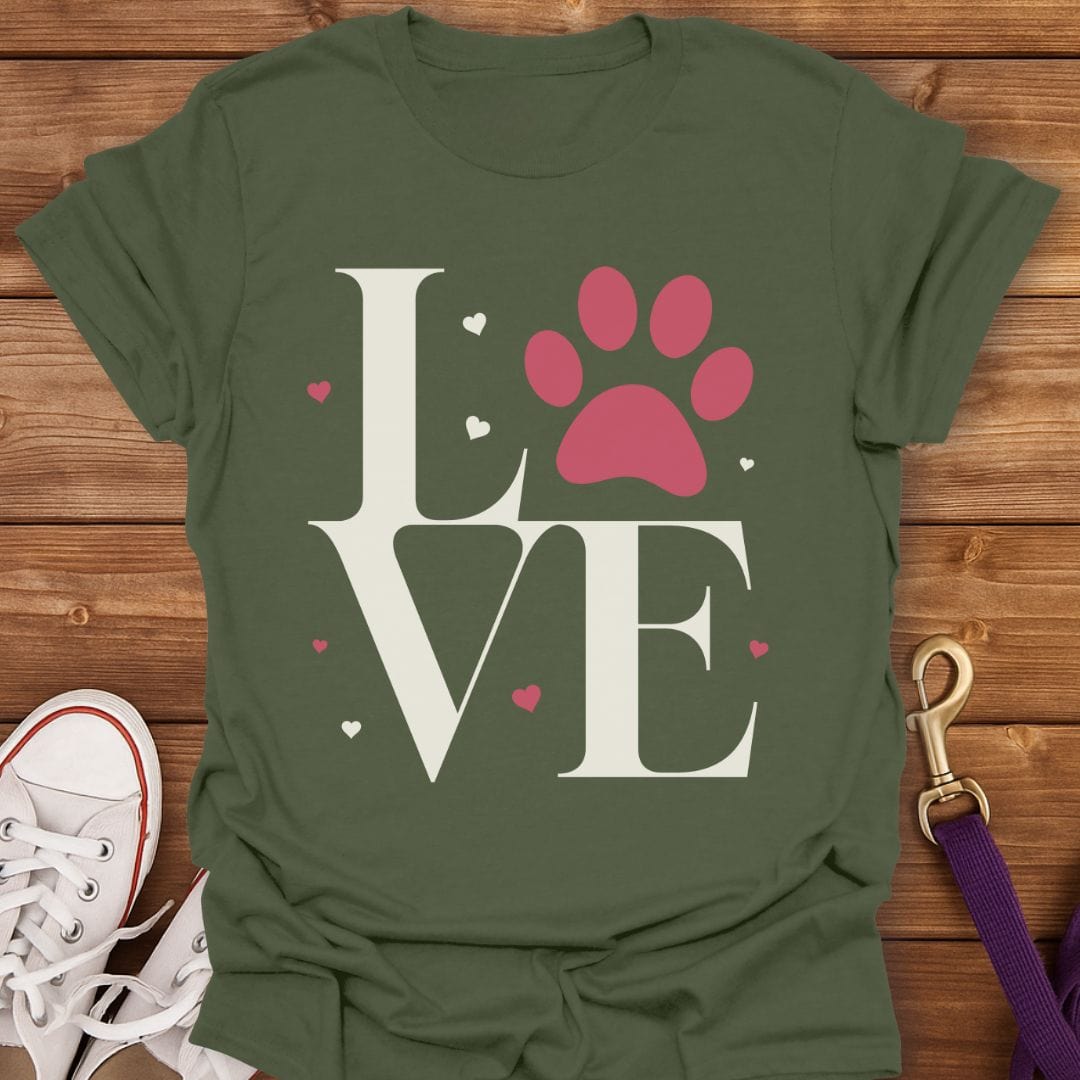 Love Paw Print Heart T-Shirt Military Green / S