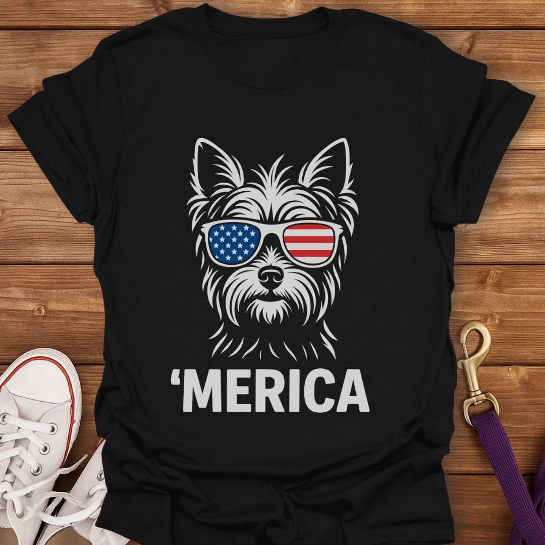 'Merica Yorkie Sunglasses T-Shirt Black / S