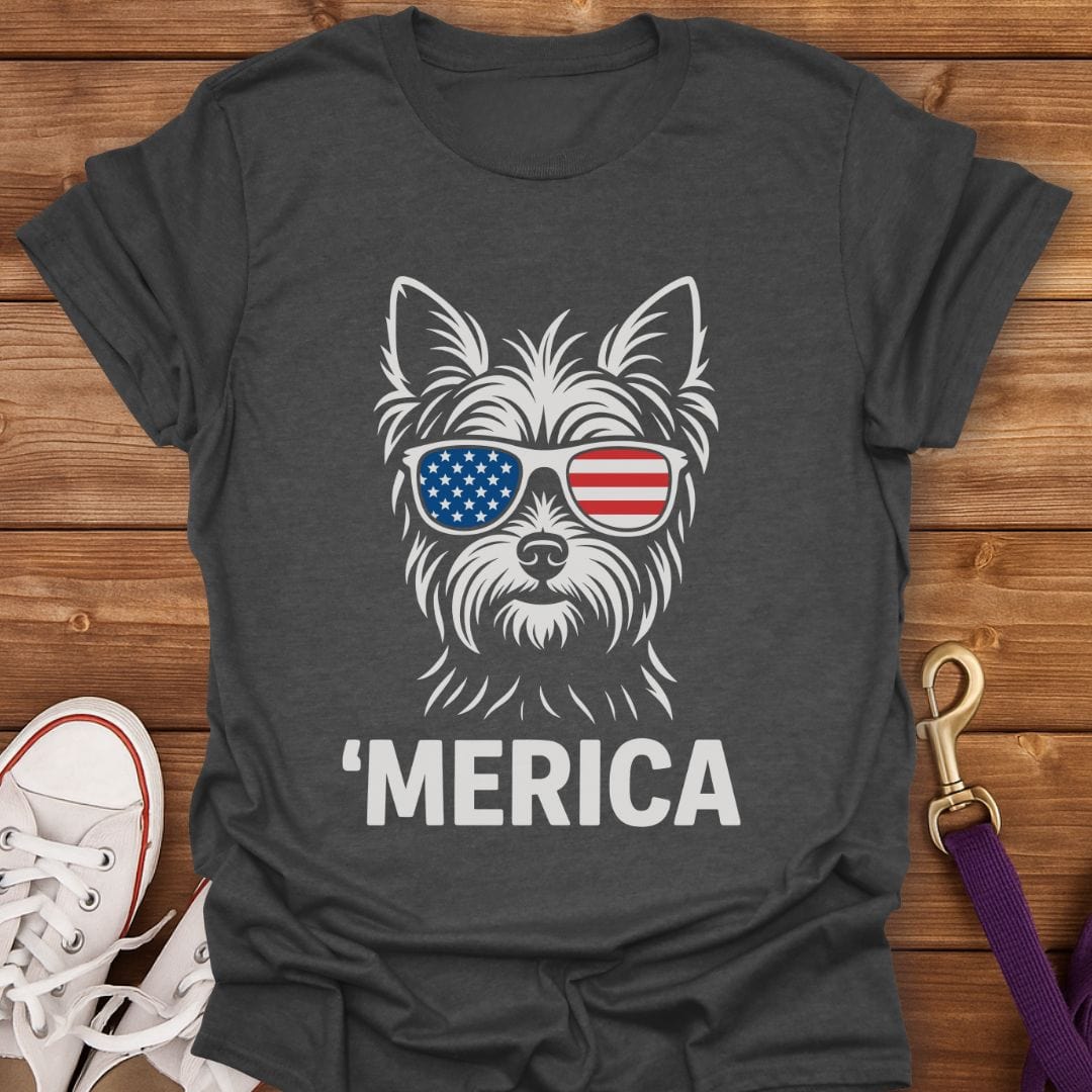 'Merica Yorkie Sunglasses T-Shirt Dark Heather / S