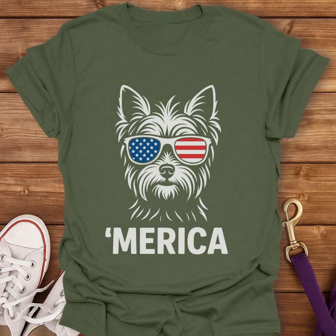 'Merica Yorkie Sunglasses T-Shirt Military Green / S