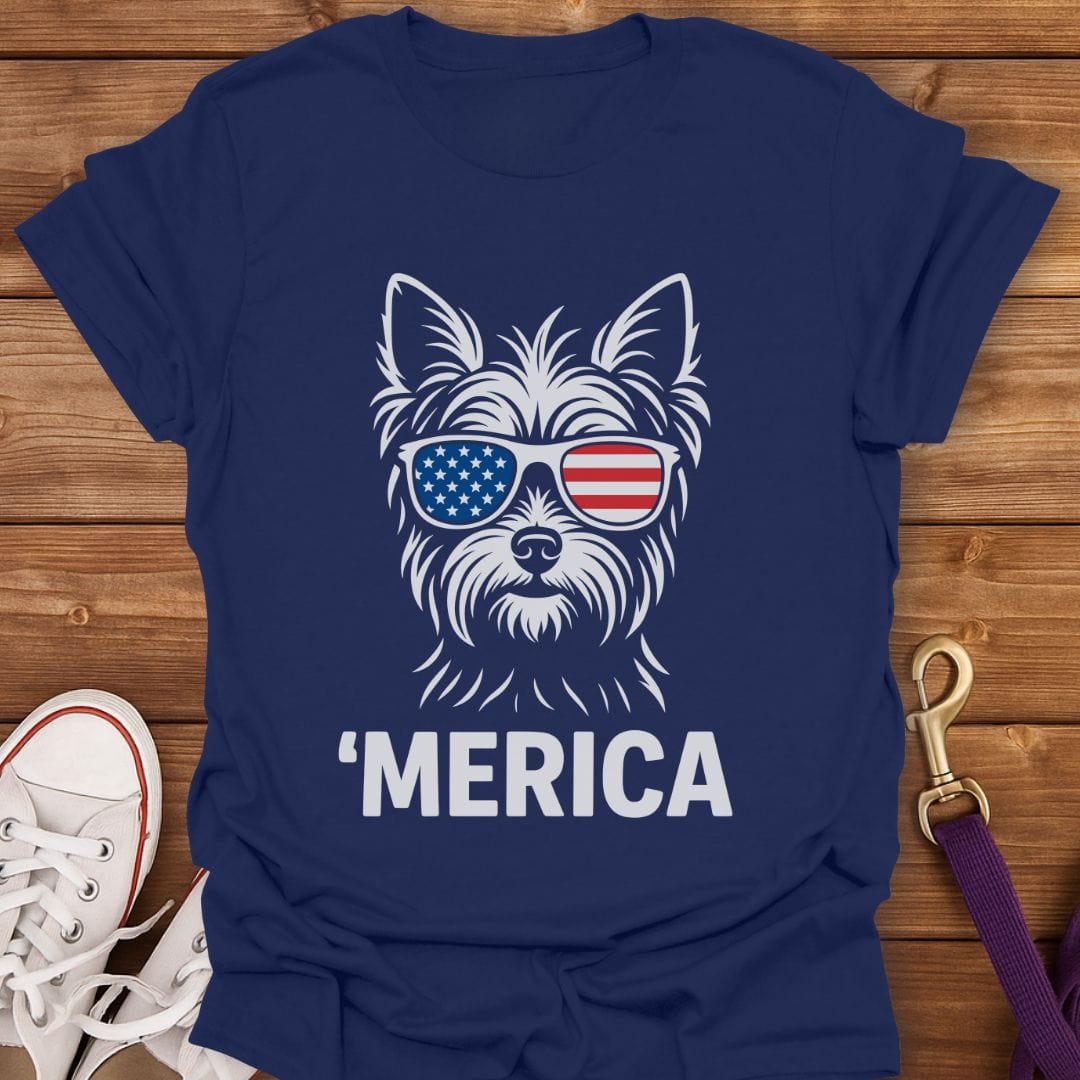 'Merica Yorkie Sunglasses T-Shirt Navy / S