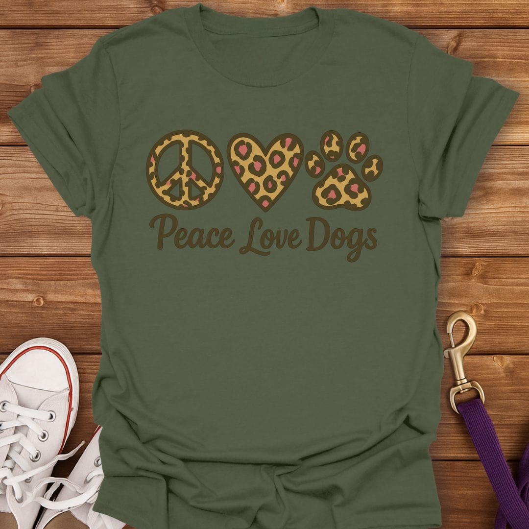 Peace Love Dogs Leopard Print T-Shirt Military Green / S