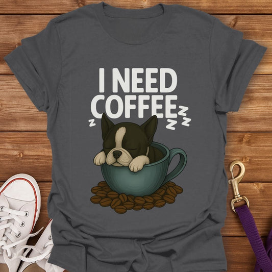 Boston Terrier Coffee Nap T-Shirt Charcoal / S