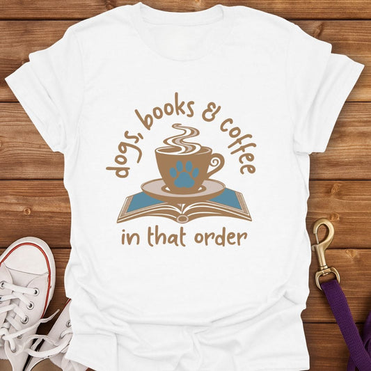 Dogs Books and Coffee T-Shirt White / S