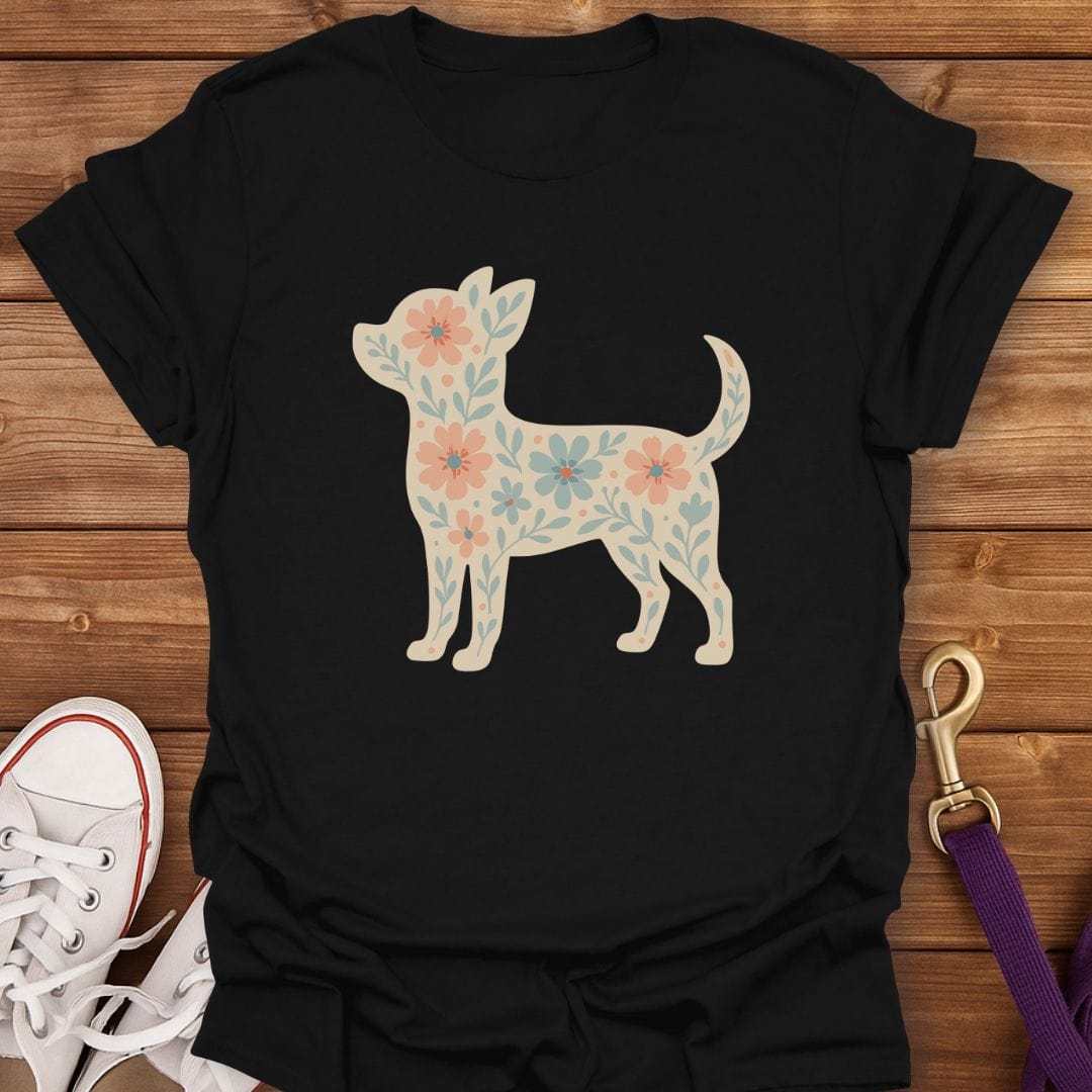 Floral Chihuahua Silhouette T-Shirt Black / S