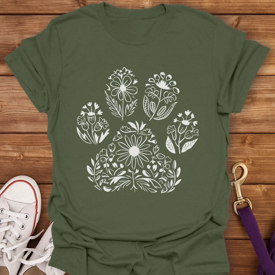 Floral Paw Print T-Shirt Military Green / S