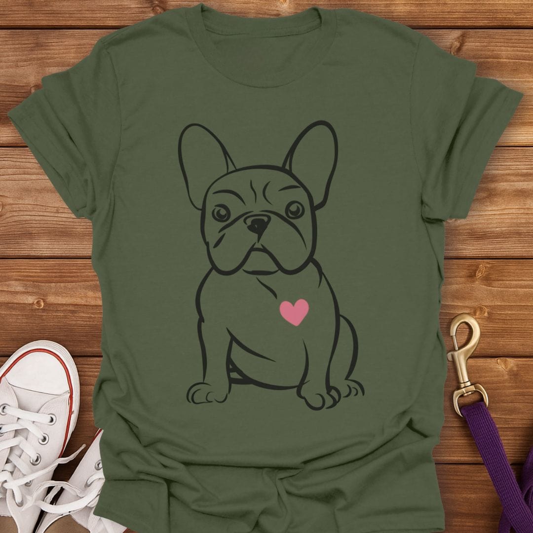 Frenchie Heart Line Art T-Shirt Military Green / S