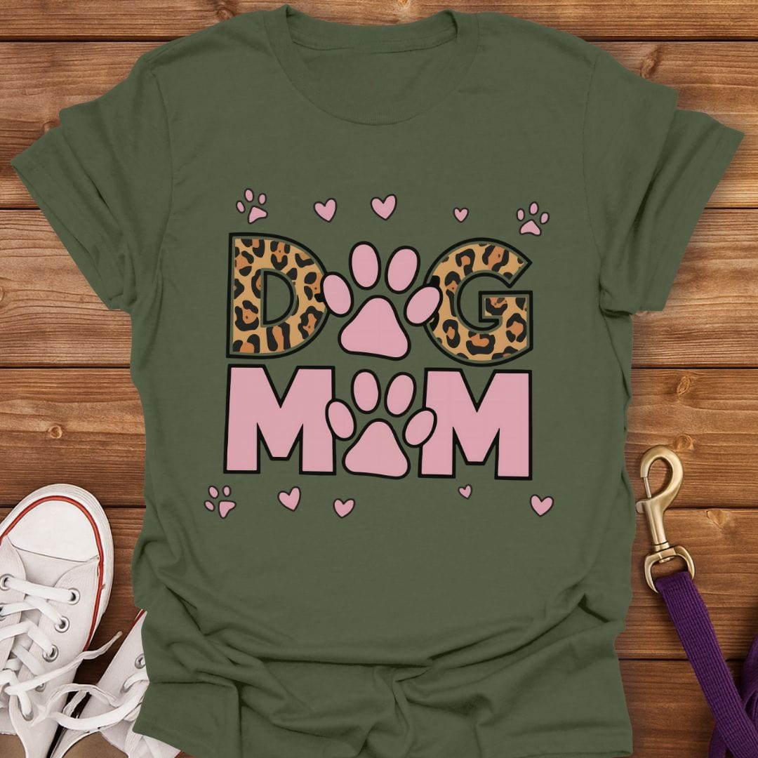 Leopard Print Dog Mom T-Shirt Military Green / S