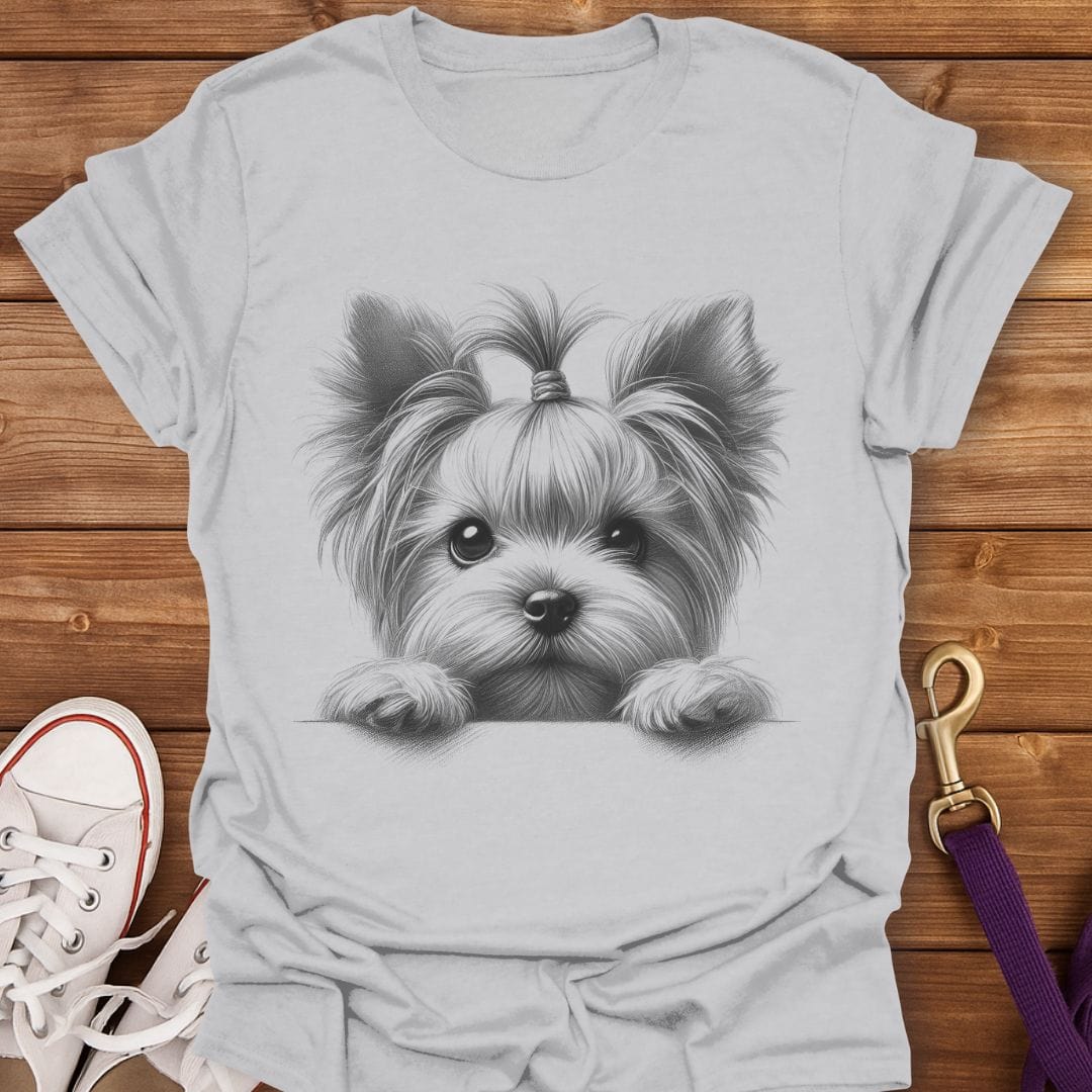 Peeking Yorkie Pup T-Shirt Ice Grey / S