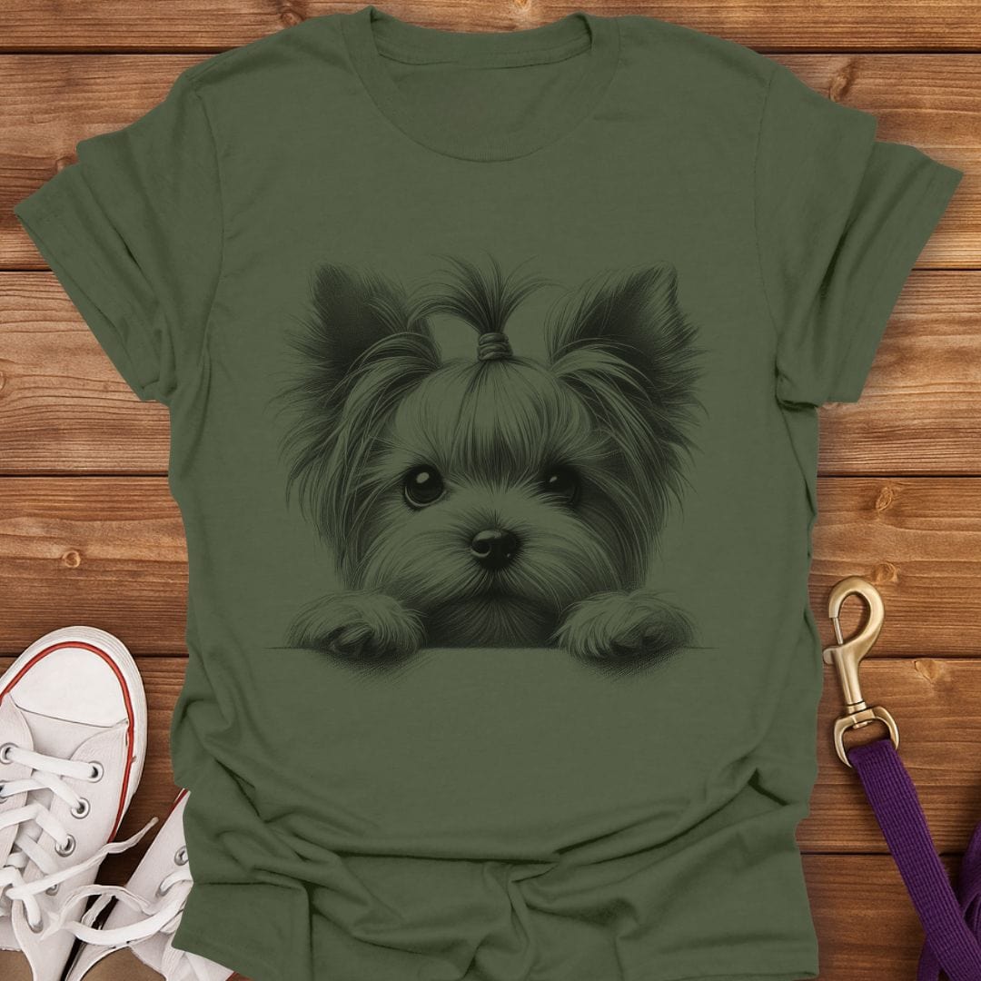 Peeking Yorkie Pup T-Shirt Military Green / S
