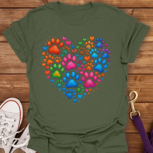 Rainbow Paw Heart T-Shirt Military Green / S
